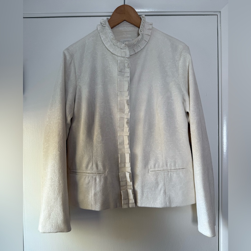 Chico’s Ruffle Front Corduroy Jacket Blazer Cream Winter White Soft Girl Boho